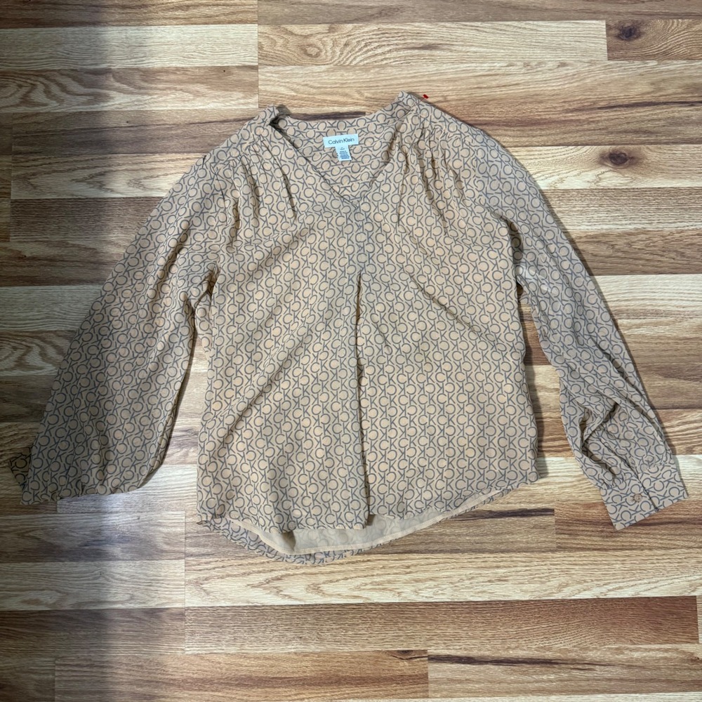 Calvin Klein Womens Tan Brown CK Logo Print V-Neck Long Sleeve Blouse Small
